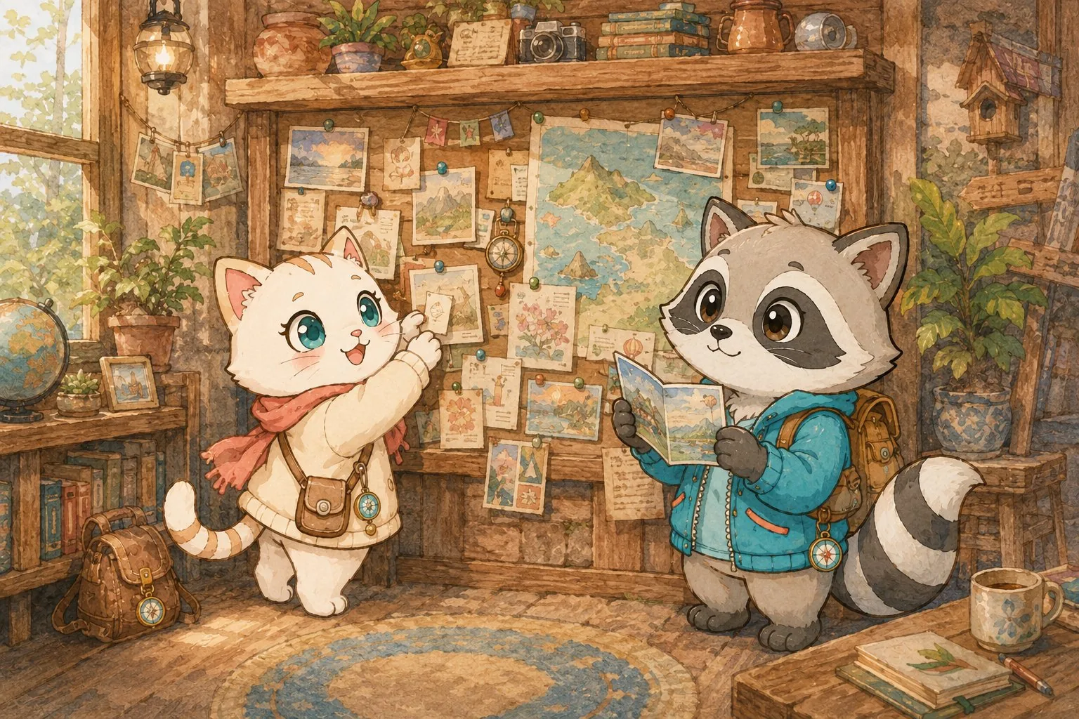 Mochi and Tabi pinning travel notes to a community board