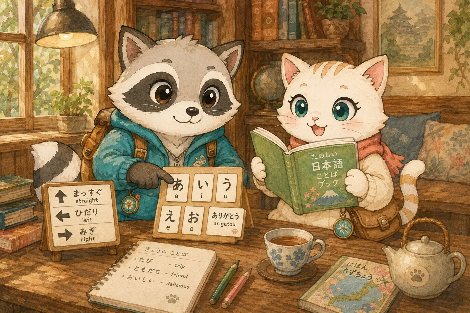 Mochi and Tabi studying Japanese phrases and road signs