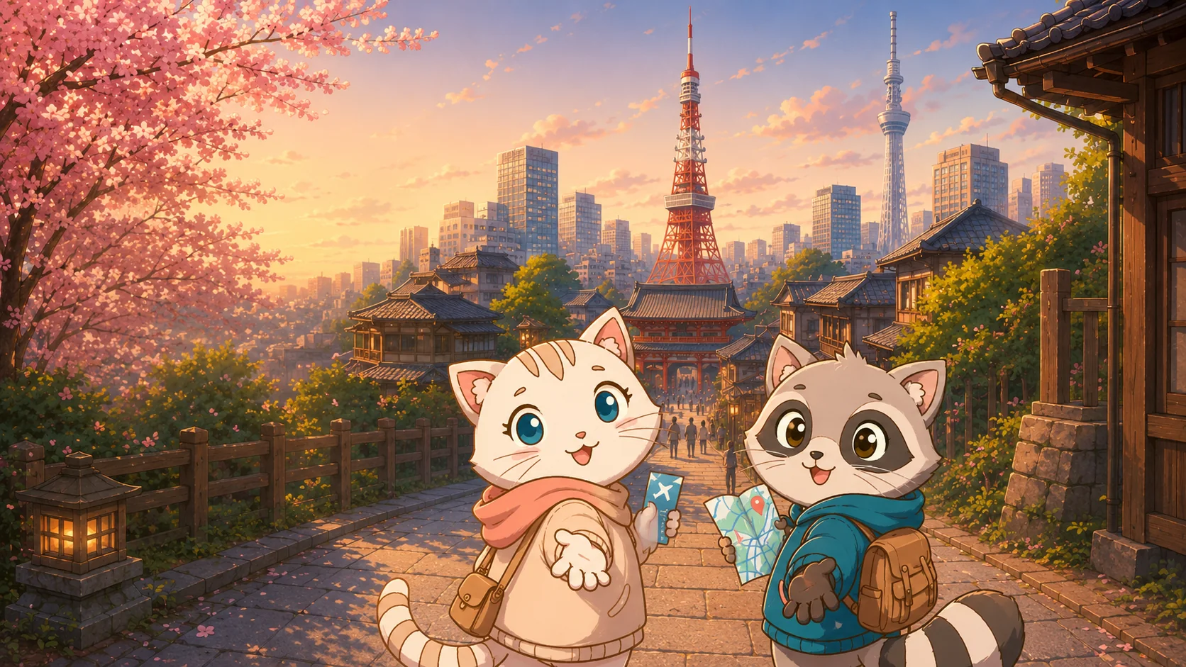 Tabi and Mochi walking a cherry-blossom street toward Tokyo Tower at sunset