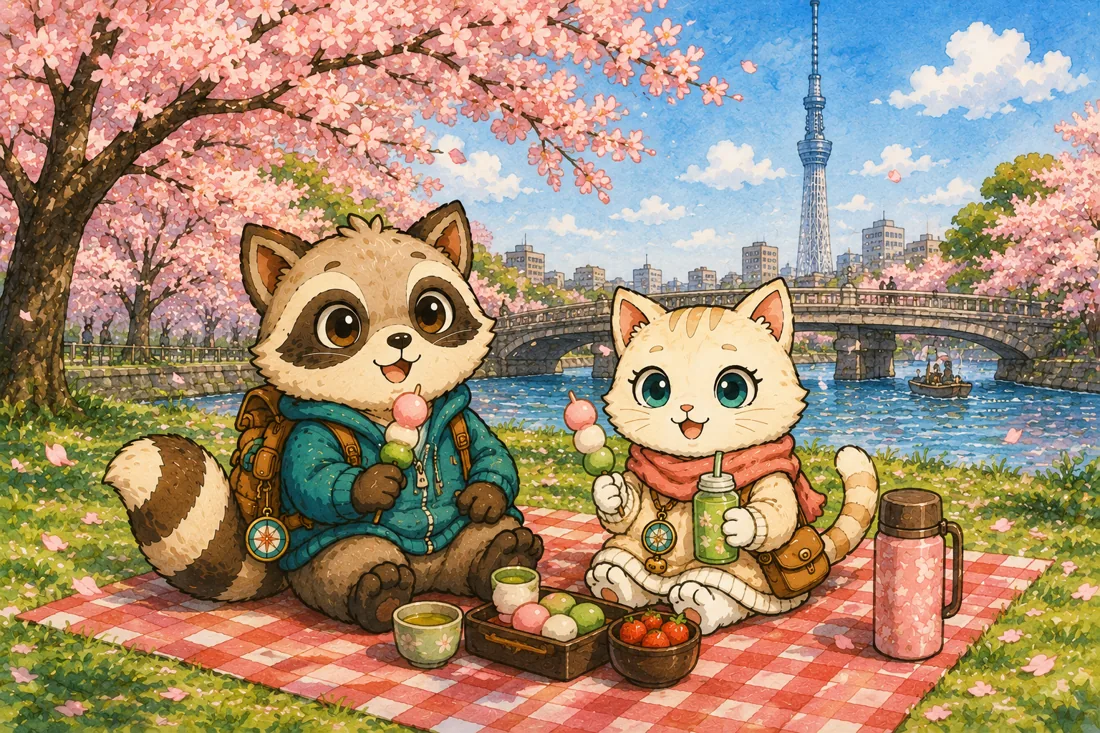 Mochi and Tabi at a cherry-blossom picnic