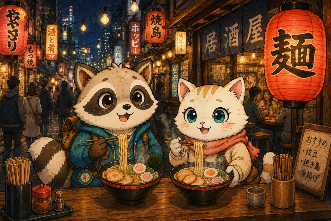 Mochi and Tabi eating ramen on a night street
