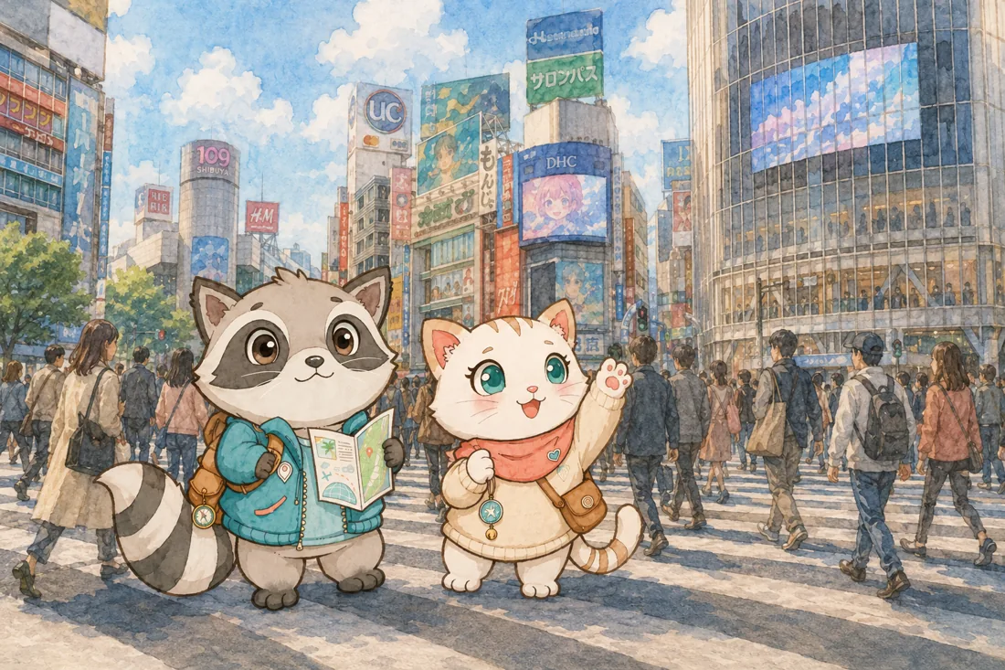 Mochi and Tabi at Shibuya Crossing