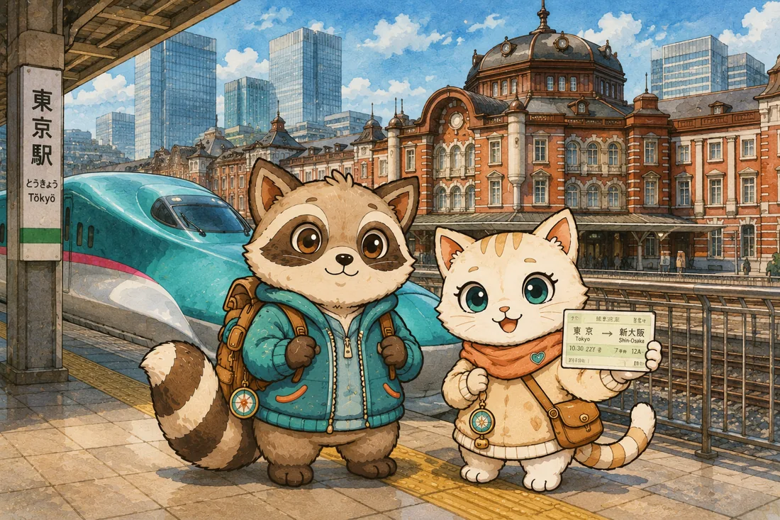 Mochi and Tabi with a shinkansen at Tokyo Station