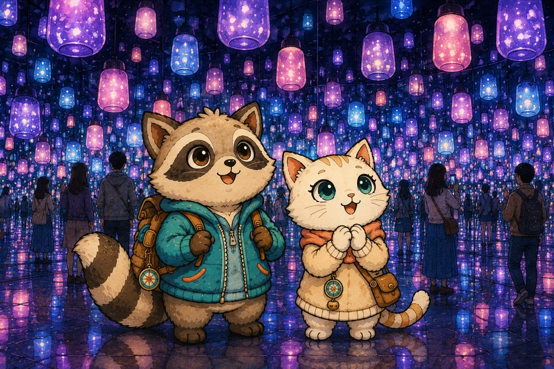 Mochi and Tabi in a glowing lantern-light room