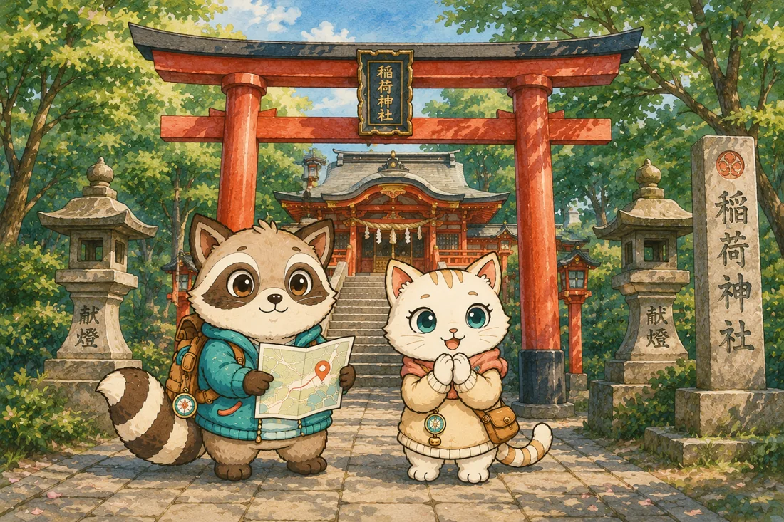 Mochi and Tabi at a torii shrine gate
