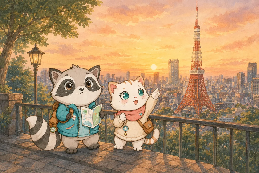 Mochi and Tabi overlooking Tokyo Tower at sunset